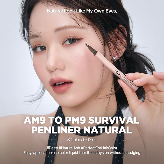 lilybyred AM9 to PM9 Survival Penliner Natural | Korean Soft Ash Tone Liquid Eyeliner, 0.1mm Ultra-Fine Brush, Quick-Dry, Smudge-Proof, Layerable Ash Pigment, Buildable Color, 0.035 oz. (02 Ash Brown)
