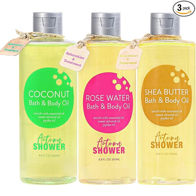 Bath and Body Oil with Sweet Almond Jojoba, Shea Butter, Rose Water, Coconut Bath Oils Mother's Day Gift for Women, Multiuse Oil for Hair Dry Skin 26.4 fl oz (Pack of 3)