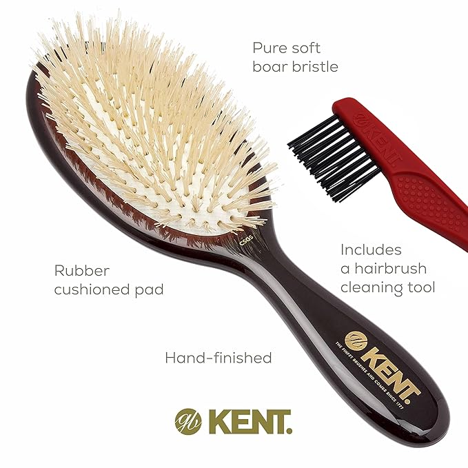 Kent CSGS Classic Shine Small Oval Cushion Straightening Brush and Hair Detangler Natural White Boar Bristle Hair Brush, Shine Hair Brush and Scalp Scrubber for Mid-Length Fine or Thinning Hair