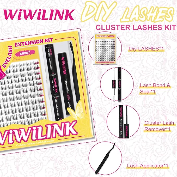 Wispy Lash Clusters DIY Lash Extension Kit Natural Eyelash Clusters D Curl 8-14mm with Bond, Seal, and Remover - Invisible Band Lashes Clusters, Spike False Eyelashes, Freya Short-Kit