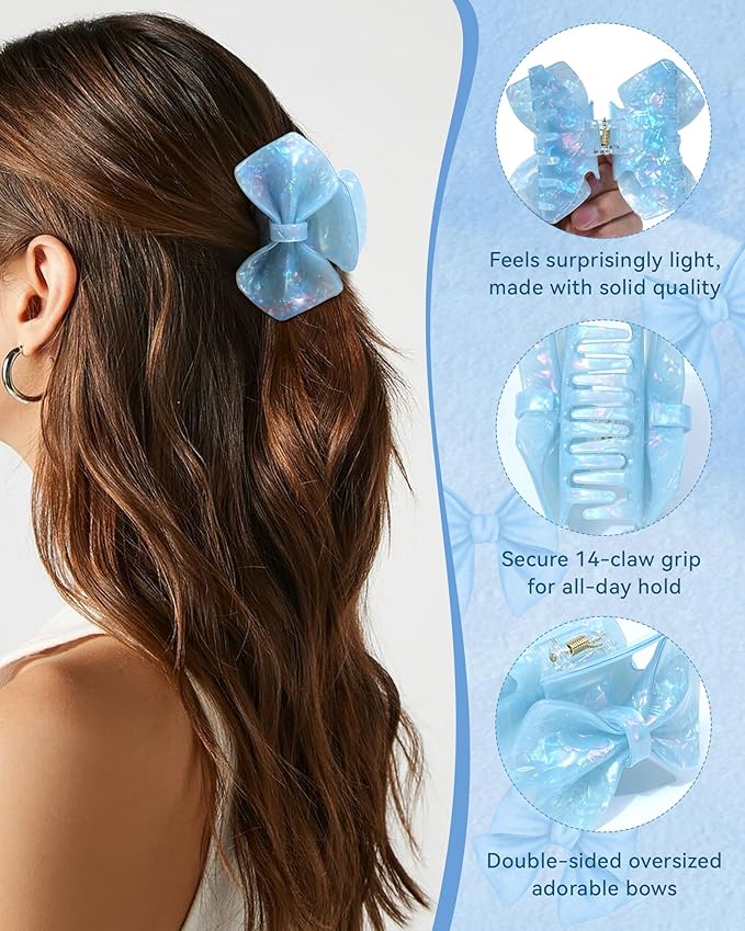 ACECHA Cute Bow Claw Clip - 3.1 Inch Sparkly Hair Claw Clips for Women, Non-slip Hairclips for Thin and Thick, Elegant Hair Accessories for Wedding Prom Party (Blue)