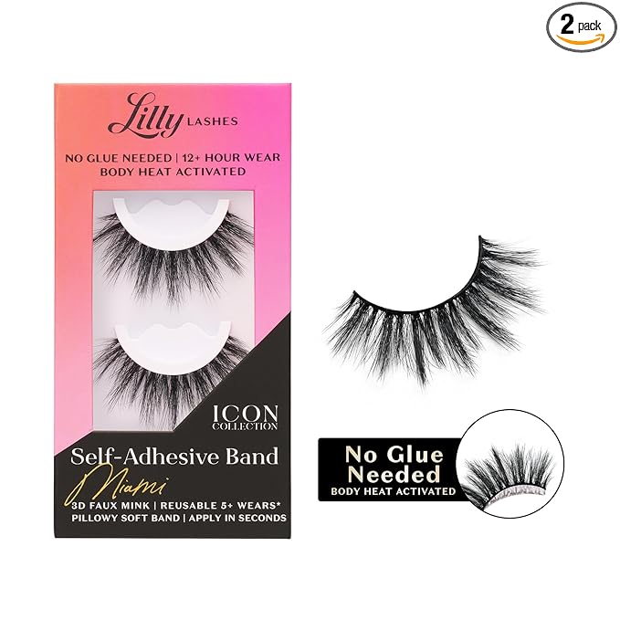 Lilly Lashes Self Adhesive Band 3D Faux Mink Eyelashes, No Lash Glue Needed, Body Heat Activated Press on Lashes, Reusable Self Adhesive Eyelashes Up to 5x, Easy to Apply & Remove (Miami)