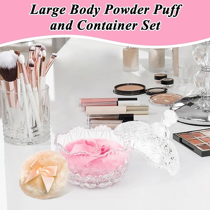 5 Pcs Large Body Powder Puff and Container Set, Anglecai 4 Inch Crystal Powder Puff Container for Body Powder Puff Dish with 2P Powder Puffs and 2P Spoon