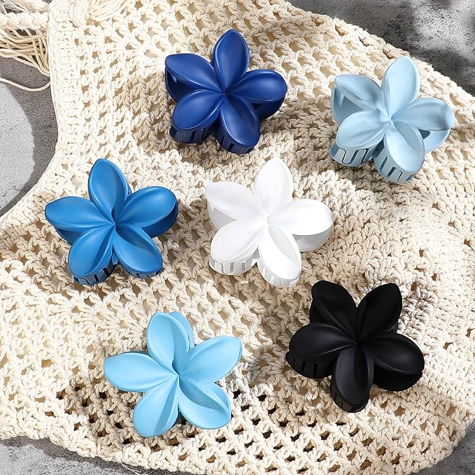 CHANDAT Flower Hair Clips 6 PCS Hawaiian Claw Clips for Vacation Hibiscus Hair Claw Cute Large Hair Clips for Thick and Thin Hair Plumeria Hair Accessories for Women Girls -Blue