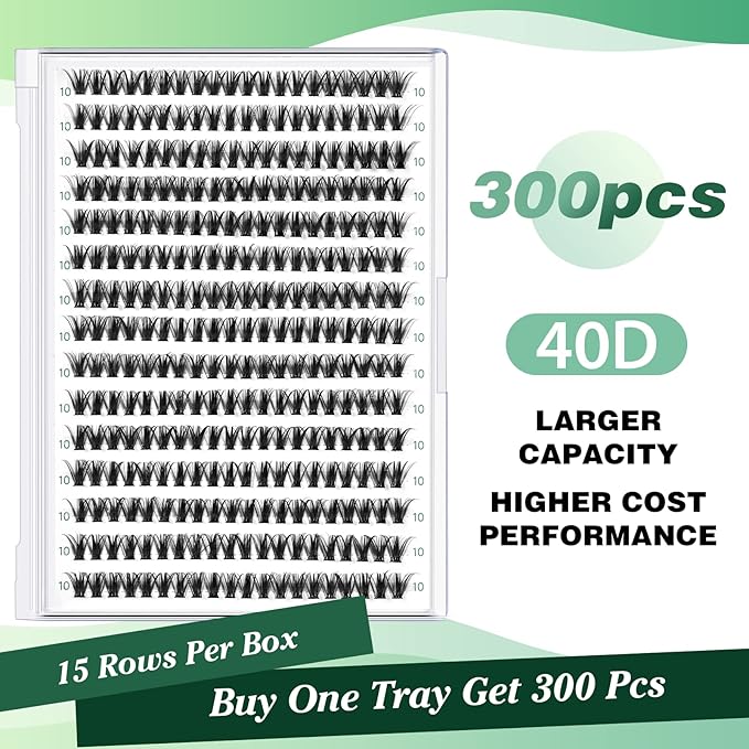 KEYYOU Lash Clusters 300pcs Individual Lashes, 40D 0.07D Curl 10mm DIY Eyelash Extension, Soft & Natural Volume Cluster Lashes with Large Tray