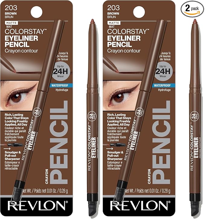 REVLON ColorStay Pencil Waterproof Eyeliner, Smudge-Proof, Eye Makeup with Built-In Sharpener, 203 Brown, 0.01 oz (Pack of 2)
