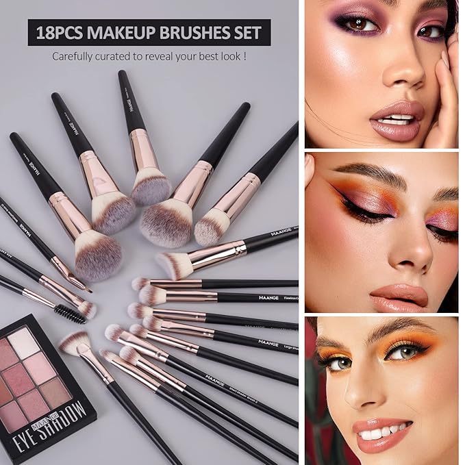 Makeup Brushes, MAANGE 18 Pcs Professional Makeup Brush Set Premium Synthetic Face Kabuki Brush Kit Foundation Blush Powder Eyeshadow Brushes Set（Black Gold)