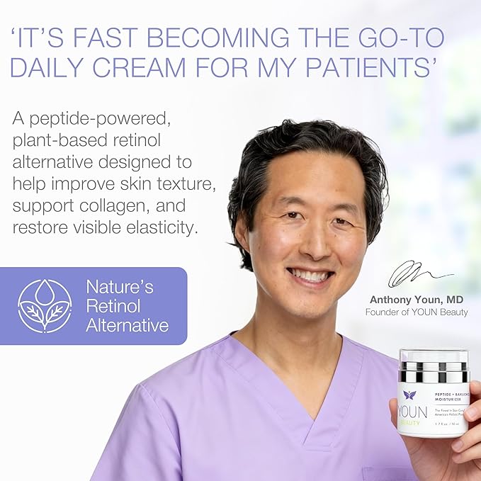 YOUN Beauty Peptide + Bakuchiol Moisturizer by Holistic Dr. Anthony Youn – Paraben-Free Retinol-Alternative Face Moisturizer to Support Collagen Production, Skin Hydration and Elasticity, 50ml