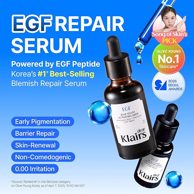 DearKlairs Korean EGF Serum - Blue Youth Activating Drop with EGF & FGF (10ppm Each), Barrier Repair & Post-Blemish Marks, Sensitive Skin-Friendly, Daily Calm & Repair, 0.67 Fl Oz