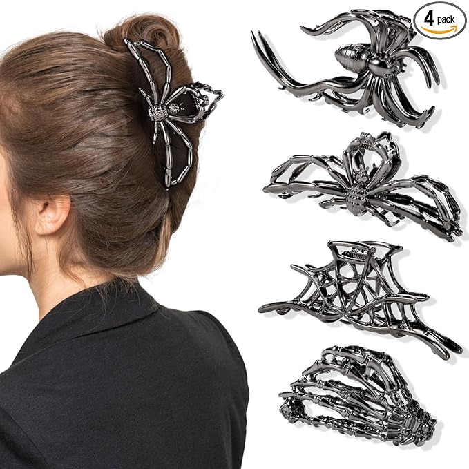 Obeoby 4 Pcs Metal Hair Clips for Women, Large Hair Claw Clips for Thick Long Hair Styling with Spider Webs Skeleton Decor, Goth Accessories Hair Accessories Birthday Valentines Day Gifts (Black)