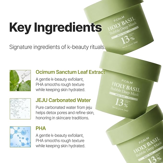 P.CALM Holy Basil Bubble Deep Mask | Blackhead Removal & Pore Cleansing, Purifying Clay Wash-Off Pack, Carbonated Water, for Sensitive Skin | Korean Skincare, 90g / 3.17 oz