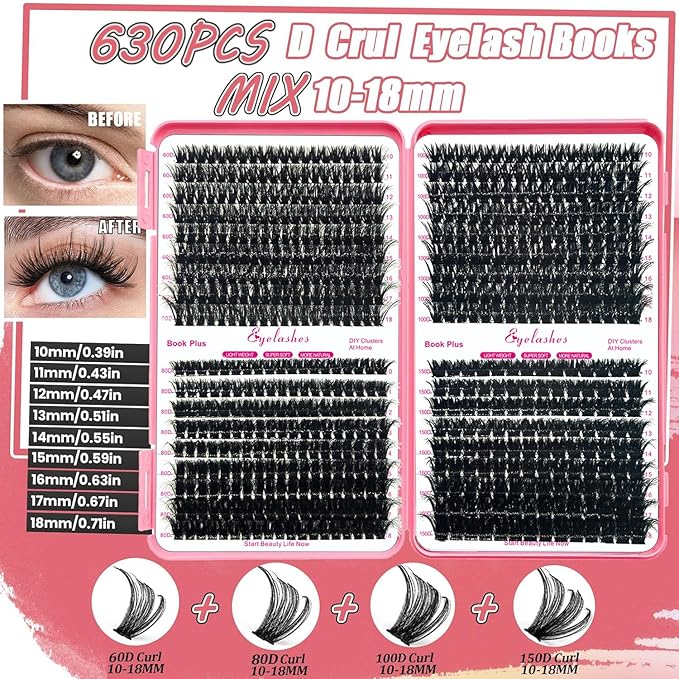 DNSGOOR DIY Lash Extension Kit 630Pcs 10-18mm D Curl Lashes Clusters with Lash Bond and Seal Glue Remover Lash Shampoo Cleansing Brush Headband Wristband Tweezers Eyelash Brush Applicator