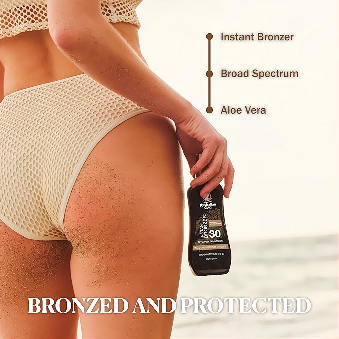 Australian Gold Spray Gel Sunscreen with Instant Bronzer SPF 30, 8 Ounce | Moisturize & Hydrate Skin | Broad Spectrum | Water Resistant | Non-Greasy | Oxybenzone Free | Cruelty Free (Pack of 4)