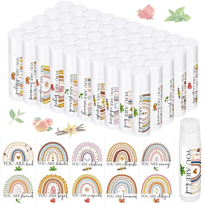 Siifert 50 Pcs Boho Rainbow Lip Balm Employee Appreciation Gifts for Teacher Thank You Lip Balm Bulk Inspirational Gift for Women Volunteer Team Coworker Staff Nurse Baby Shower Wedding Party Favor