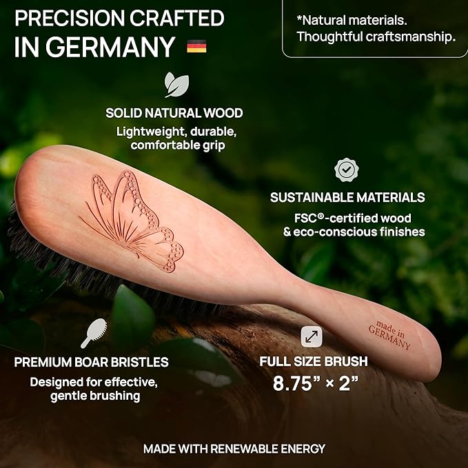 100% Wild Boar Bristle Hairbrush for Natural Healthy Hair, The Tibet brush, Medium Soft Bristles, Pear Wood Handle, for Fine or Thinning Hair, for Women & Men, Made in Germany's Black Forest