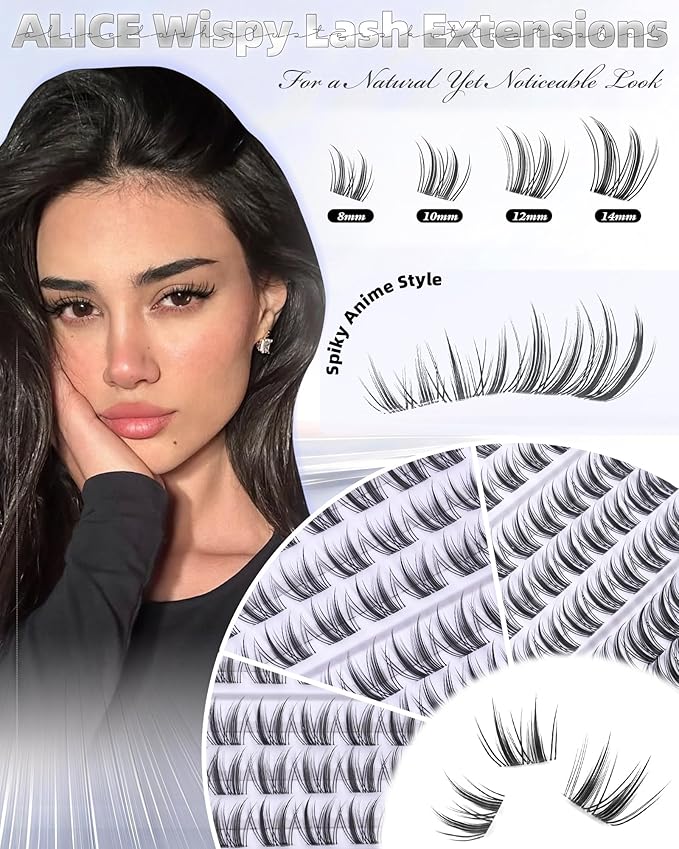 ALICE Anime Lash Clusters Kit Natural Wispy Cluster Eyelash Extension Kit Manga Eyelash Clusters Kit 8mm-14mm Invisible Band Individual Lashes with Bond and Seal DIY at Home