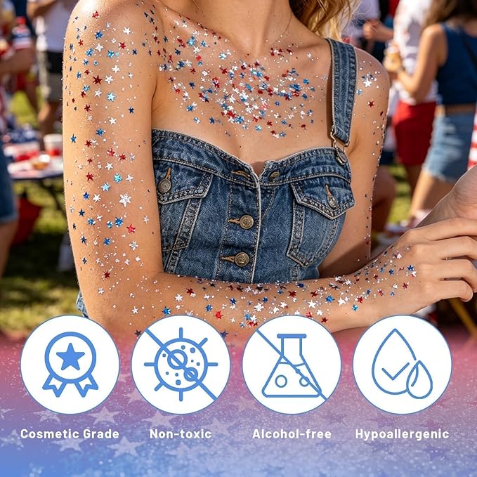 DAGEDA Red White Blue Body Face Glitter, 4th of July Outfits Accessories for Women, Patriotism Face Glitter Makeup, Fourth of July Patriotic Independence Day Hair Accessories Party Costumes（Star）