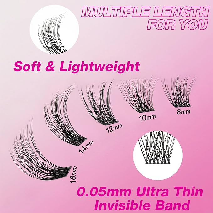 VEYESBEAUTY Lash Clusters Individual Eyelash Extensions Thin & Invisible Band DIY False Eyelashes for Self-application Newbie's Five-Second Series Wispy Lash Tray, Bomb 12mm Single Length