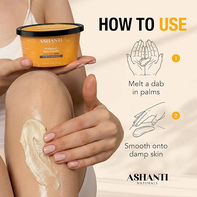 Ashanti Naturals Scented Whipped Shea Butter | African Body Butter for Men w/Coconut and Almond Oil (Coco Mango Souffle, 8 oz)