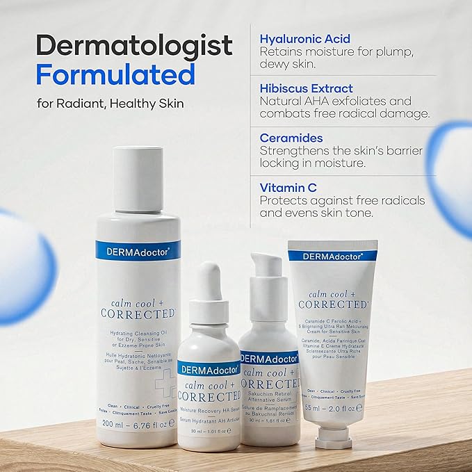 DERMAdoctor Dermatologist Formulated Skincare Set – Cleansing Oil, Hyaluronic Acid & Niacinamide Serum, Bakuchiol Anti Aging Serum, Vitamin C Ceramide Barrier Moisturizer for Sensitive Skin