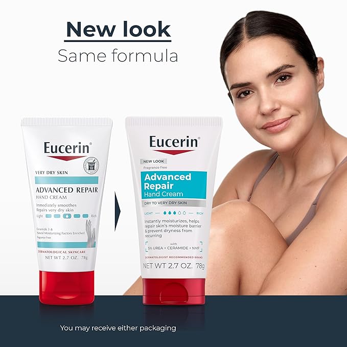 Eucerin Advanced Repair Hand Cream, Immediately Soothes and Repairs Very Dry Skin, Fragrance Free, Non Greasy, Fast Absorbing, Travel Size Hand Lotion, 2.7 Oz Tube, Pack of 3
