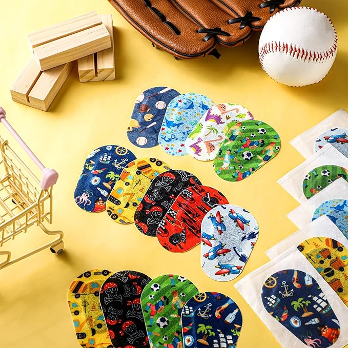 Panelee 45 Pcs Adhesive Eye Patches for Kids Boys 9 Styles Eye Patches Latex Free Eye Pad Bulk Light Blocking Fun Cute Boys Designs Cotton Adhesive Bandages for Boys Toddler