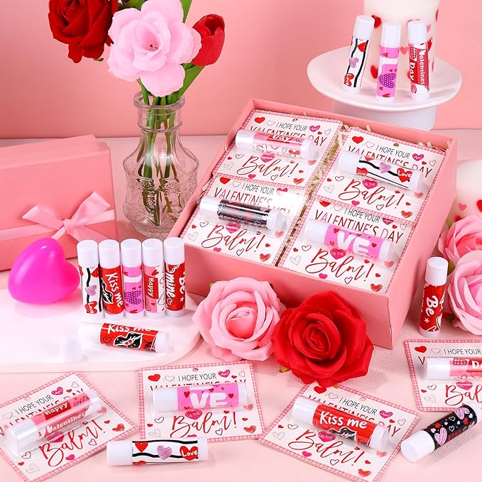 30 Pcs Valentine Lip Balms Bulk Valentine's Day Gifts for Women Galentines Chapstick Gloss 6 Assorted Flavors for Wedding Bridal Shower Birthday Party Favours