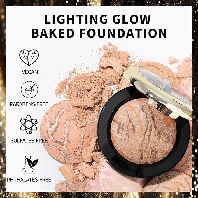 KIMUSE Baked Foundation - Brighten Color Correcting Powder Foundation with Retractable Kabuki Brush Makeup Set for Mature Skin, Buildable Coverage, Radiant Natural Finish
