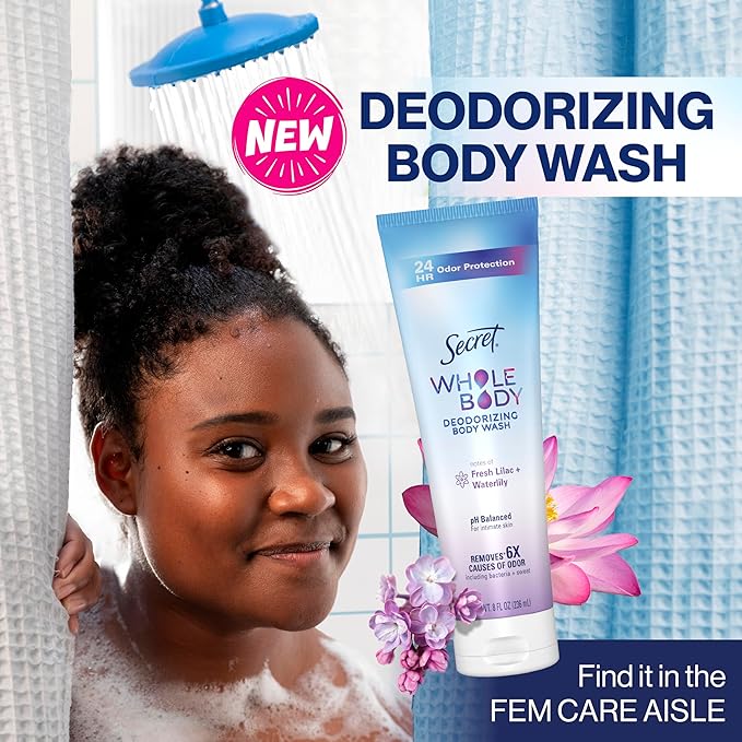 Secret Feminine Wash, 24 HR Deodorizing Feminine Body Wash for Women, Removes 6x Causes of Odor, PH Balanced, Safe to Use Everywhere, Lilac & Waterlily Scent, 8.0 Fl Oz