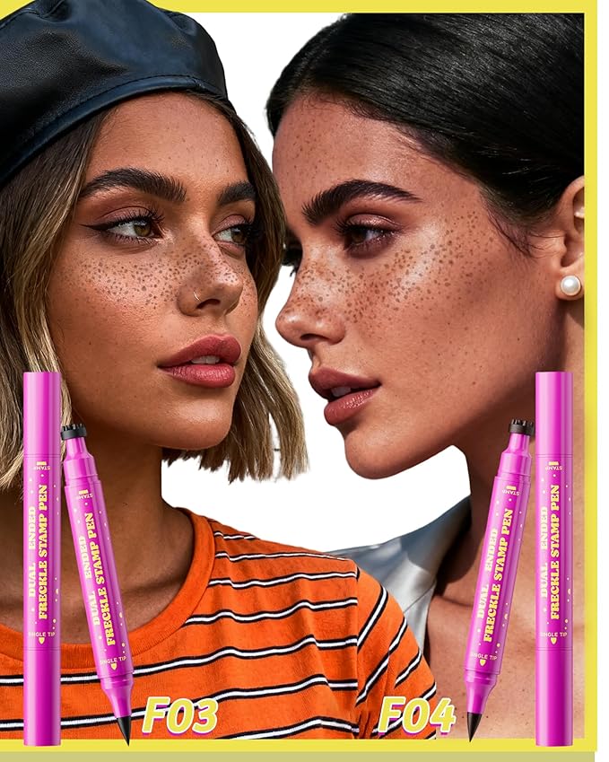 2 Color Faux Freckle Stamp Pen Kit, Upgrade Dual Ended 2-in-1 Waterproof Fake Freckle Pen with Multi-Prong Freckles Stamp Head for Women to Easily Create Natural Long-Lasting Sunkissed Makeup