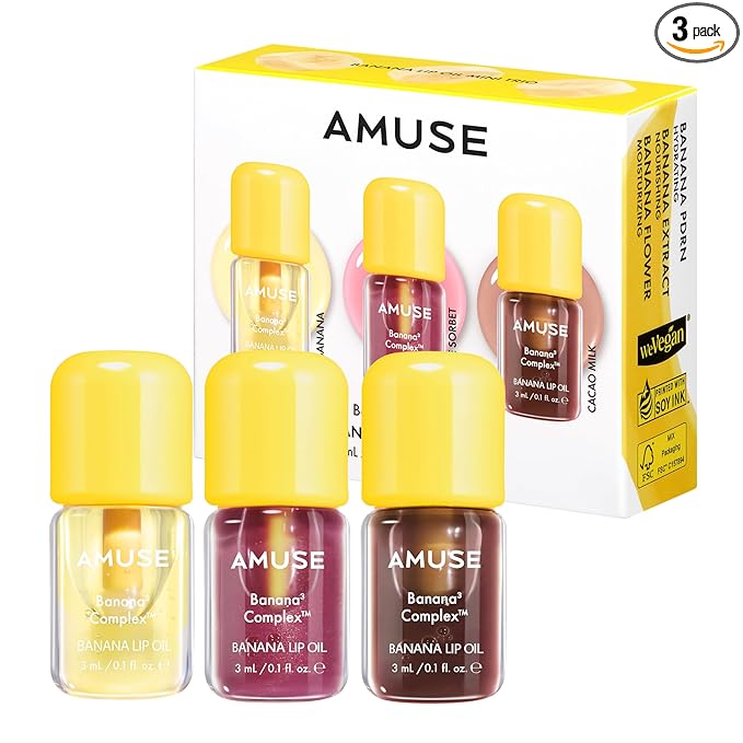 Amuse SEOUL Banana Lip Oil MINI TRIO SET - Moisturizing Lip Oil Stain, Banana Scent, Hydrating Nourishing Crystal Clear Lip Stain, Lightweight Non-Sticky Glossy Finish, Vegan, Korean Beauty Makeup