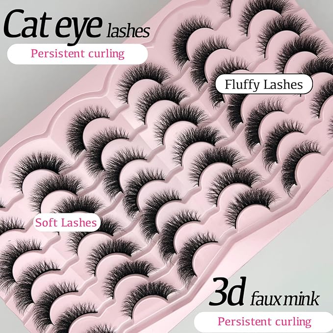 Cat Eye Lashes Natural Look 3D Mink Strip Lashes Wispy Short Fox Eye Eyelashes Mink Fluffy Lash Strips Cateye Faux Mink False Eyelashes Pack