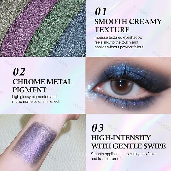 KYDA Chameleon Smoky Black Eyeshadow, Chameleon Chrome Metallic Eye Shadow, Smooth Pressed Powder Palette, High Pigment Glitter Eyeshadow, Lasting Eye Glitters Makeup with Mirror