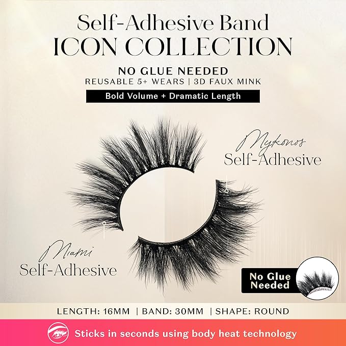 Lilly Lashes Self Adhesive Band 3D Faux Mink Eyelashes, No Lash Glue Needed, Body Heat Activated Press on Lashes, Reusable Self Adhesive Eyelashes Up to 5x, Easy to Apply & Remove (Mykonos)