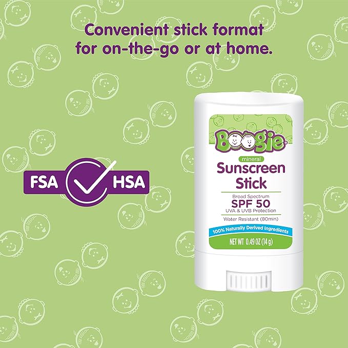 Boogie Mineral Sunscreen Stick SPF 50 - (3 Pack) 0.49 oz - Sunscreen for Kids - Broad Spectrum UVA & UVB Protection - Water Resistant - Hypoallergenic - 100% Naturally Derived Ingredients