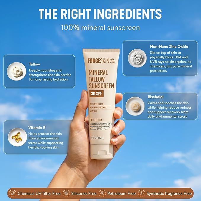 FORGE SKIN® Mineral Tallow Sunscreen SPF 30 [Tallow Based] Non Nano Zinc Oxide, Organic Non Toxic Sunscreen, No White Cast, Water Resistant Face & Body Sunblock | 2.7 oz