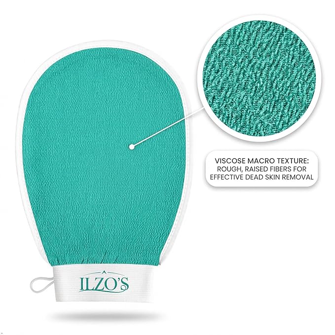 ILZO’S Original Exfoliating Mitt for Body (2 Pack) – Deep Exfoliating Glove for Dead Skin Removal, Korean Viscose Body Scrub Mitt for Smooth Skin, Helps Ingrown Hair & Keratosis Pilaris (GREEN)