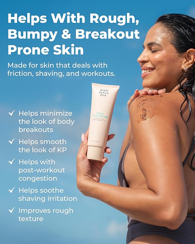 Miami Beach Bum Coconut Body Scrub - 8 oz Coco Body Exfoliator Scrub with Oregano, Lactobacillus, Aloe, Glycerin & Coconut Oils for Breakouts & Irritation - Made with Upcycled Coconut Shells