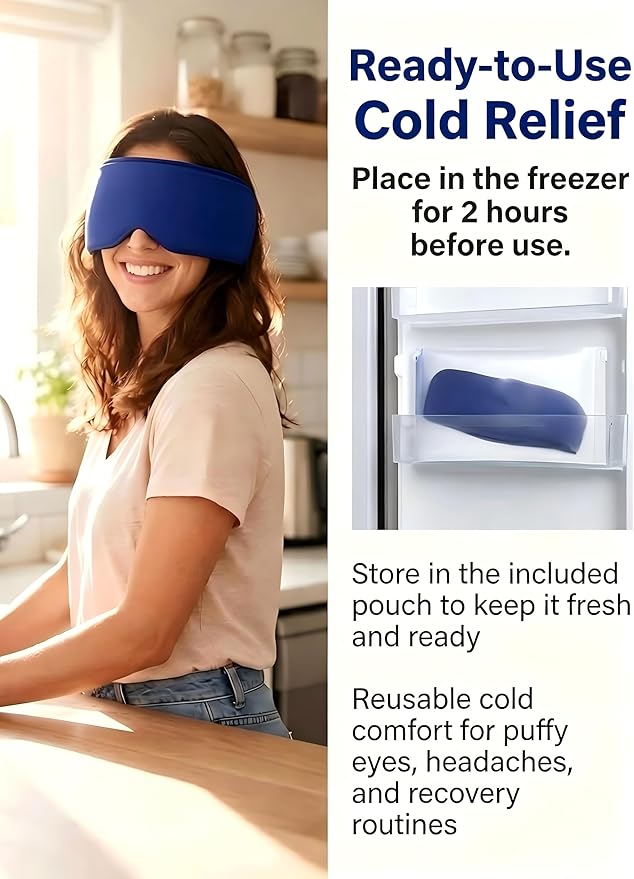 Cooling Gel Eye Mask for Puffy Eyes, Migraine & Headache Relief, Full Eye-Area Cold Compress for Eyes & Temples, FSA Eligible HSA, Reusable Flexible Adjustable Fit for Post Surgery Recovery