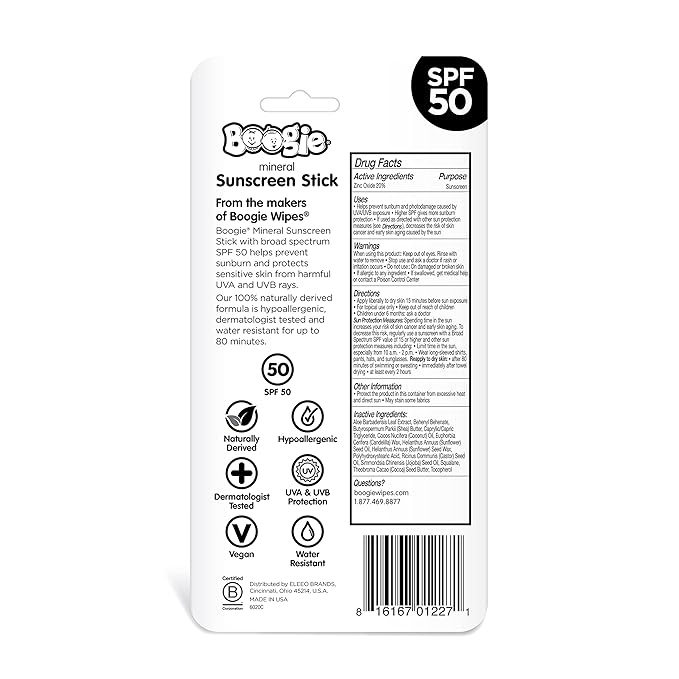 Boogie Mineral Sunscreen Stick SPF 50 - (2 Pack) 0.49 oz - Sunscreen for Kids - Broad Spectrum UVA & UVB Protection - Water Resistant - Hypoallergenic - 100% Naturally Derived Ingredients