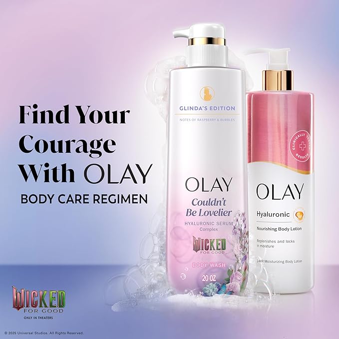 Olay Body Wash for Women, Couldn't Be Lovelier Glinda's Edition, Intensely Hydrating & Renewing, Pro-Hyaluronic Acid Serum & Vitamin B3, All Skin Types, Raspberry & Bubbles Scent, 20 fl oz (Pack of 2)