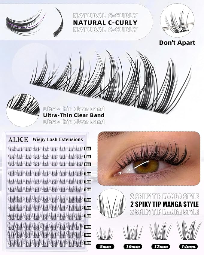 ALICE Anime Lash Clusters Kit Natural Wispy Cluster Eyelash Extension Kit Manga Eyelash Clusters Kit 8mm-14mm Invisible Band Individual Lashes with Bond and Seal DIY at Home