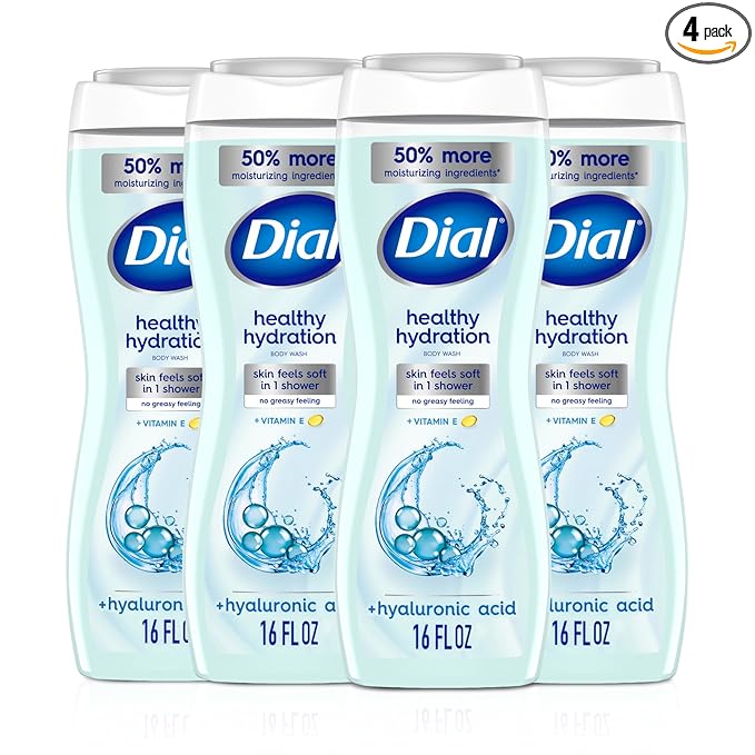 Dial Body Wash, Healthy Hydration, Hyaluronic Acid + Vitamin E, 16 fl oz (Pack of 4), Gentle, Leaves Skin Feeling Soft In 1 Shower, Dermatologist-Tested, No Parabens & Silicones