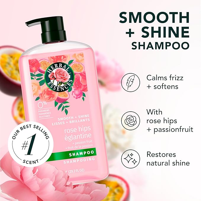 Herbal Essences Shampoo, Rose Hips + Passionfruit - Smooth Collection, Shiny Hair with Vitamin E & Jojoba, Safe for Color Treated Hair, Floral Scent, Cruelty-Free, Dermatologist-Tested, 29.2 Fl Oz