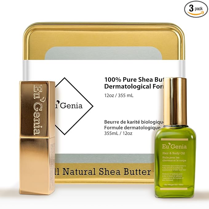 Eu'Genia Shea Face, Lip & Body Shea & Moringa 3-PC Gift Set – Hydrating Lip Balm, Nourishing Body Oil, 12oz Dermatological Shea Butter – Natural Skincare