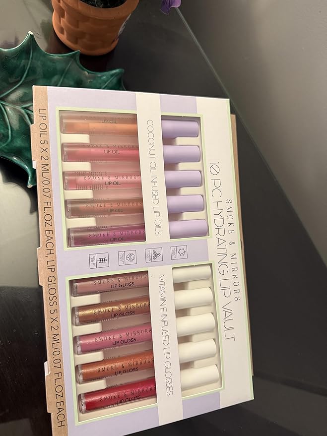 smoke & mirrors 10 pc hydrating lip vault,coconut oil infused lip oils & vitamine infused lip glosses
