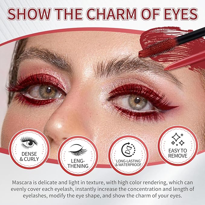 Burgundy Mascara and Eyeliner Set,5D Colored Mascara Volume and Length Waterproof,Natural Curling Lengthening,Suitable for Women Eye Makeup