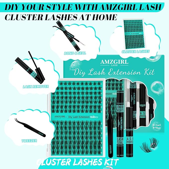 Lash Extension Kit,DIY Eyelash Clusters Kit 168Pcs with Lash Bond and Seal Glue Waterproof,Eyelashes Remover for Lash Cluster Extensions Kit for Beginner,Lashes Applicator Tool(Medusa,D-Mix8-16mm Kit)