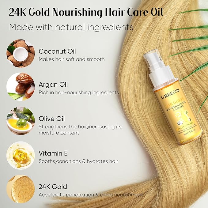 GREEONIL Olive Oil Serum for Frizz Control, Hair Repair Serum,24K Gold Argan Oil Coconut Oil Olive Oil and Vitamin E for Split Ends Hair Treatment, Add Shine, 3 Pack