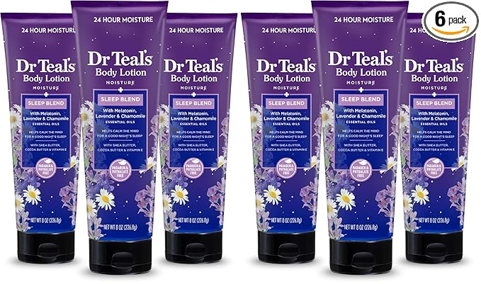 Dr Teal's Sleep Body Lotion,24-Hour Moisture,with Melatonin,Lavender & Chamomile Essential Oils,8 fl oz,(Pack of 6)